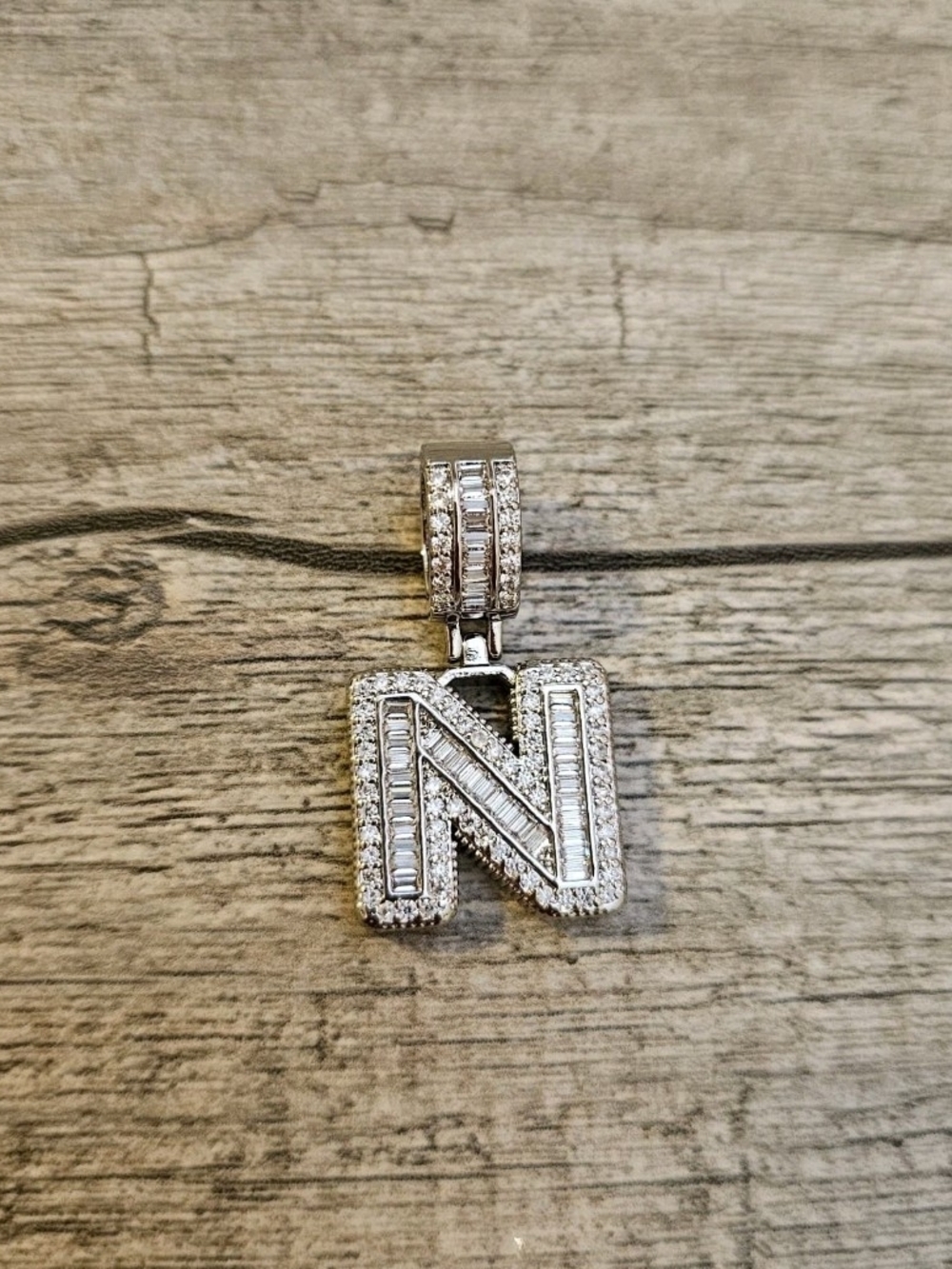 Sterling Silver 'N' Initial Pendant with Clear Crystals